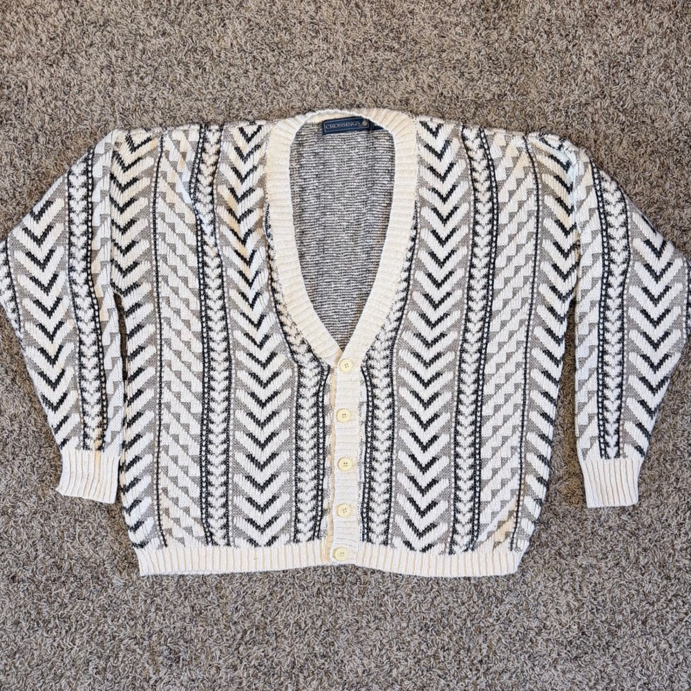 Crossings Vintage 90s Mens XL Cotton Geometric Chevron Striped Cardigan Sweater